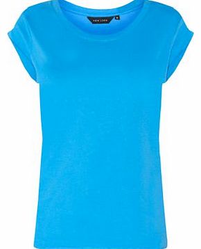 Bright Blue Roll Sleeve Plain T-Shirt 3103451