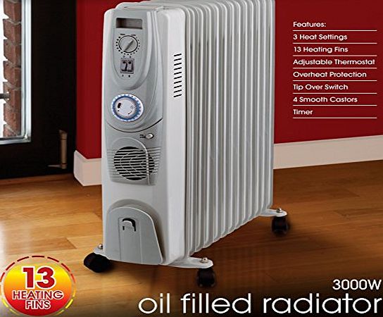 Express 3KW PORTABLE ELECTRIC OIL FILLED RADIATOR HEATER WITH ADJUSTABLE THERMOSTAT AND A TIMER - 300W 3 HEAT SETTINGS 13 FIN HEATER 300W