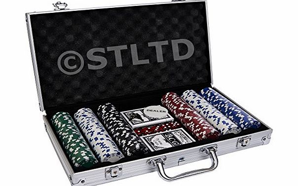 PROFESSIONAL 11.5g TEXAS HOLDEM POKER GAME SET GAMING MAT 300 PIECE WITH CHIPS, DECKS PLAYING CARDS AND ALUMINIUM PADDED CARRY CASE HOLDER - HOLD EM POKER SET