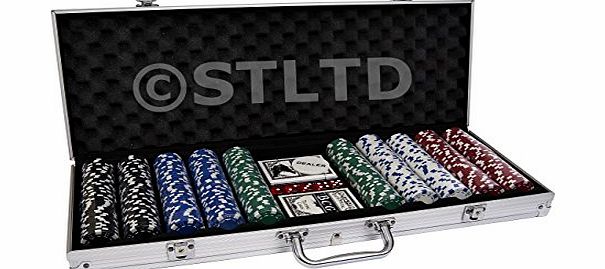 PROFESSIONAL 11.5g TEXAS HOLDEM POKER GAME SET GAMING MAT 500 PIECE WITH CHIPS, DECKS PLAYING CARDS AND ALUMINIUM PADDED CARRY CASE HOLDER - HOLD EM POKER SET