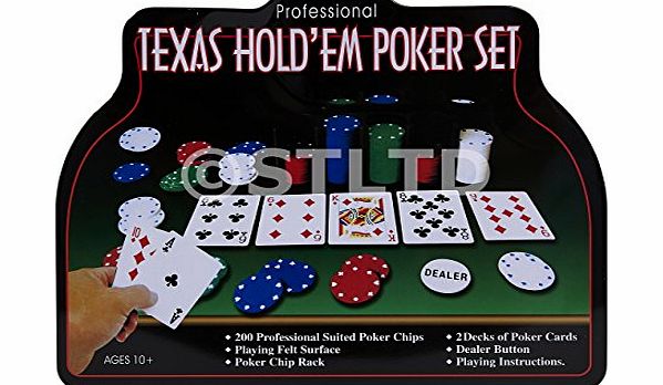 PROFESSIONAL TEXAS HOLDEM POKER GAME SET GAMING MAT 200 PIECE WITH CHIPS, DECKS PLAYING CARDS AND TIN BOX - HOLD EM POKER SET