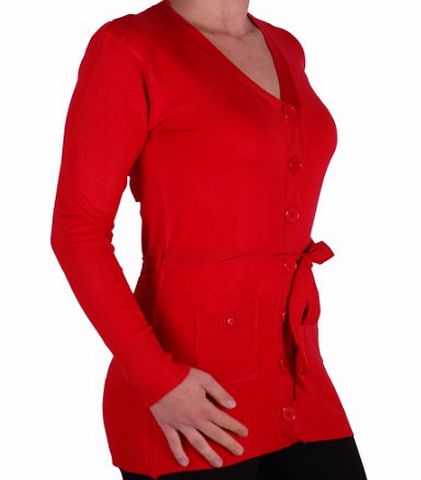 Eye Catch EyeCatch - Classic Womens Plain Belted Cardi Knitted Ladies Belted Cardigan One Size Red