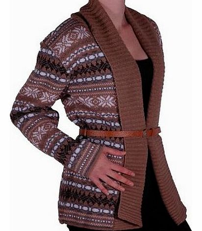 Eye Catch EyeCatch - Ladies Aztec Open Front Womens Belted Cardigan One Size Taupe