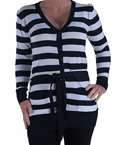 Eye Catch EyeCatch - Womens Striped Cardigan Long Sleeve Casual Ladies Cardi Black White M/L