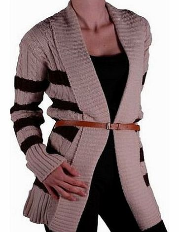 EyeCatch - Womens Striped Open Front Ladies Belted Cardigan One Size Beige Brown