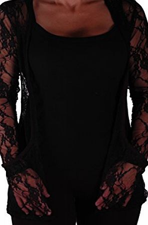 Eye Catch Florence Casual Lightweight Lace Waterfall Shrug Open Cardigan Black M/L