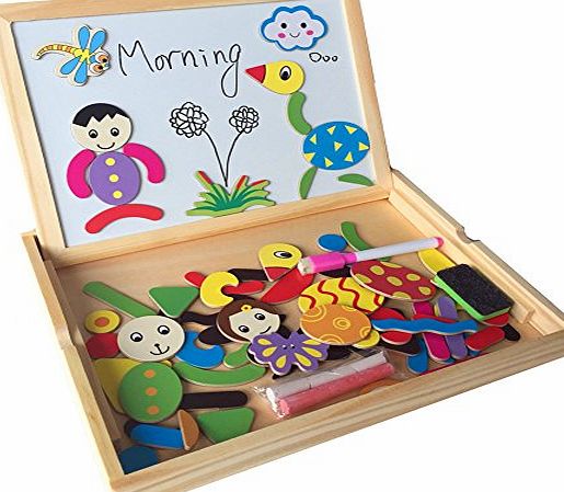 Fajiabao Wooden Double Side Drawing Writing Board Magnetic Puzzle Game Toy Set for Boys Girls