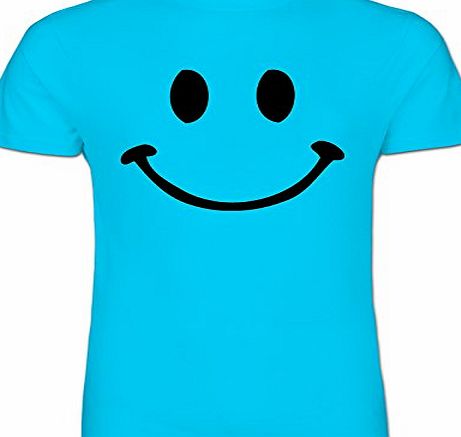 Fancy A Snuggle Retro Happy Funny Smiley Face Kids Boy Girl Cotton Short Neon Blue Sleeve T-Shirt - Size 7 - 8 Years