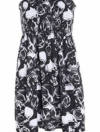 Fashion 4 Less Womens Ladies Plus Size Printed Sheering Boobtube Strapless Top Vest Dress 8 22 (UK 16-18, Skull Rose)