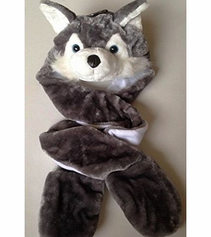 Fashion Accesories Kids Childrens Animal Fur Head Trapper Hat Hood Scarf Snood Gloves See Listing For Options (Wolf / Husky)