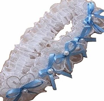 Fashion Accessory Garter White Lace Blue Ribbon Bows Pearl Bead Heart Diamante Bridal Hen Nights (Blue Bows)