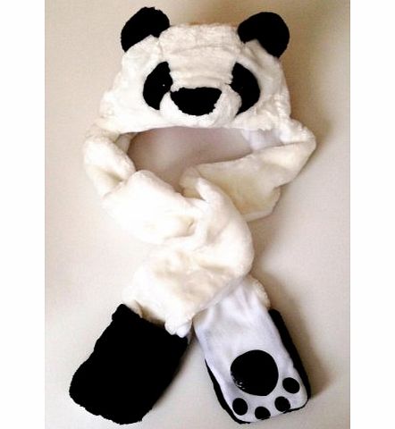 Fashion Animal combo Panda Bear Long Animal Faux Fur Head Trapper Hat Hood / Scarf / Snood / Gloves all in one Ladies / Men / Kids / Children