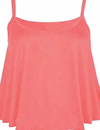 Fashion Fever London Ltd Ladies Womens Plain Swing Cami Strappy Flared Vest Sleeveless Top Plus Size (M/L(12-14), Coral)