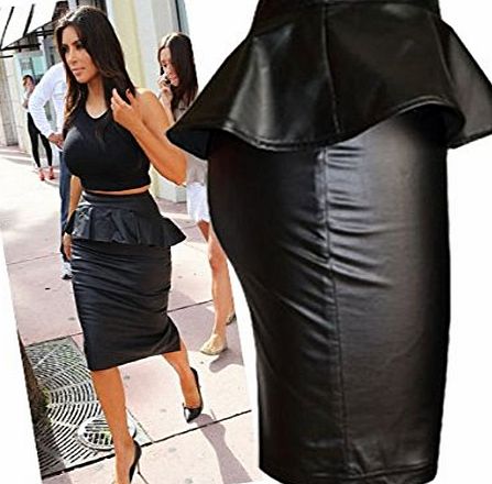 - Womens Plus Size Wet Look Peplum Pencil Skirt Ladies Celebrity PVC Leather Skirt - Black - Sizes 8-24 (L/XL=16/18, Black)