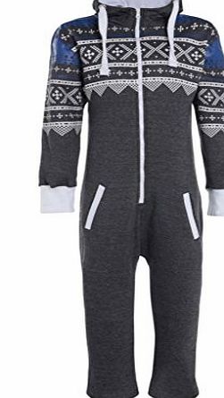 Fashion Oasis KIDS BOYS GIRLS AZTEC HOODED ONESIE ALL IN ONE JUMPSUIT SIZE 7-14YRS (13/14 YEARS, CHARCOAL GREY)
