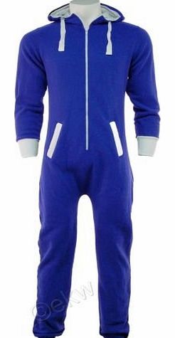 Fashion Oasis UNISEX MENS WOMENS AZTEC PRINT ONESIE ZIP UP ALL IN ONE HOODED JUMPSUIT S M L XL (LARGE, Royal Blue Plain)