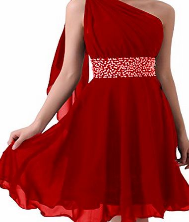 FASHION PLAZA  Chiffon Ribbon One-shoulder Bridesmaid Formal Evening Cocktail Party Dress D0172 (UK8, Red)