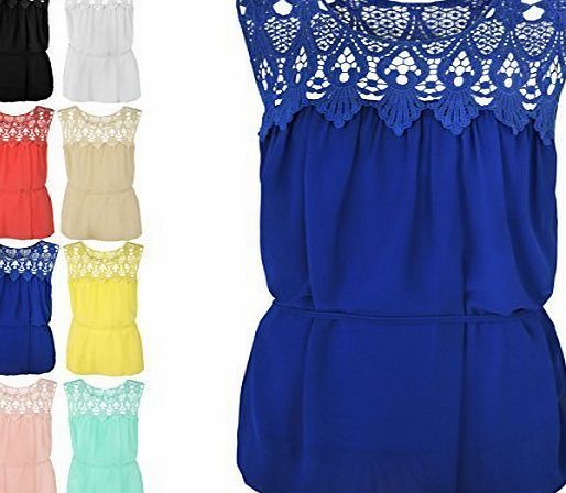 Fashion Thirsty LADIES WOMENS CHIFFON LACE SLEEVELESS BLOUSE BELTED EMBROIDERED SUMMER TOP SIZE