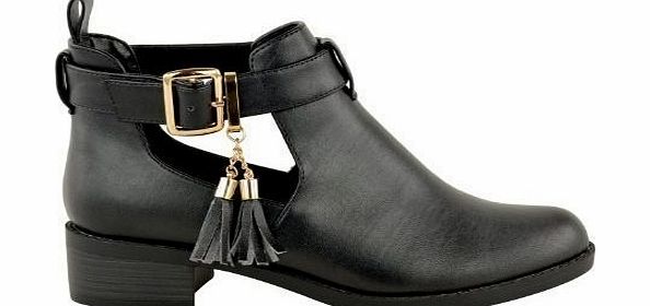 Fashion Thirsty LADIES WOMENS CUT OUT FLAT CHELSEA ANKLE BOOTS BLOCK HEEL GOLD BUCKLES SHOES SIZE (UK 7, Black Faux Leather)
