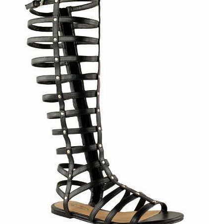 Fashion Thirsty LADIES WOMENS CUT OUT GLADIATOR SANDALS FLAT KNEE BOOTS STRAPPY SIZE (UK 6, Black Faux Leather)