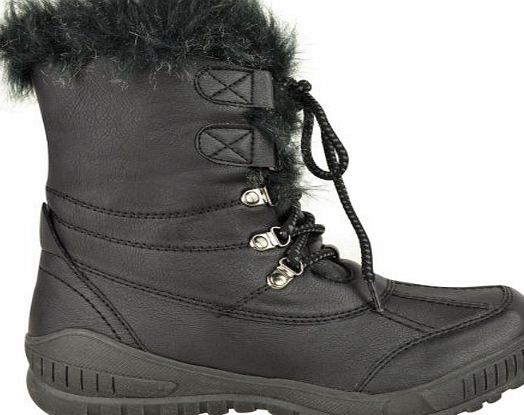 LADIES WOMENS FLAT WARM FUR LINED GRIP SOLE WINTER SNOW ANKLE BOOTS SHOES SIZE (UK 6 / EU 39 / US 8, Black Faux Leather)