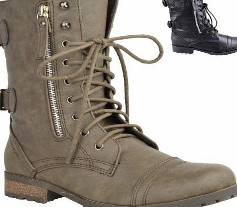 Fashion Thirsty WOMENS LADIES ARMY COMBAT LACE UP ZIP GRUNGE MILITARY BIKER TRENCH PUNK GOTH ANKLE BOOTS SHOES SIZE (UK 5, Khaki Faux Leather)