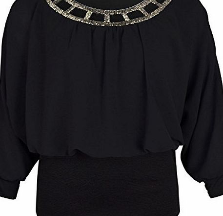 Fashion Thirsty WOMENS LADIES EMBELLISHED SEQUIN CHIFFON TOP FLOATY BLOUSE DRESSY SHIRT SIZE NEW (One Size Fits All, Black)