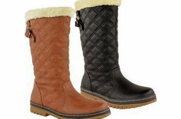 Fashion Thirsty WOMENS LADIES FLAT KNEE HIGH CALF WINTER SNOW FUR LINED ANKLE BOOTS GRIP SOLE SIZE (UK 8, Tan Brown Faux Leather)