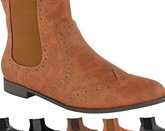 Fashion Thirsty WOMENS LADIES FLAT SLIP PULL ON VINTAGE ANKLE CHELSEA BROGUE WINTER BOOTS SIZE (UK 4, Tan Faux Leather)