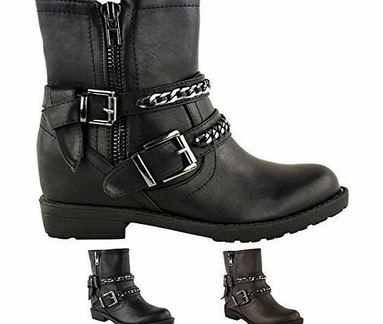 Fashion Thirsty WOMENS LADIES GRIP SOLE FUR LINED COMBAT BIKER CHELSEA ANKLE BOOTS SHOES SIZE (UK 7, Black Faux Leather)