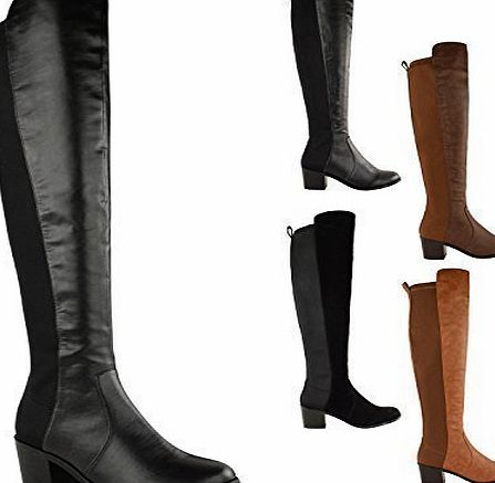 Fashion Thirsty WOMENS LADIES OVER THE KNEE THIGH HIGH STRETCH PULL ON LOW MID HEEL BOOTS SHOES
