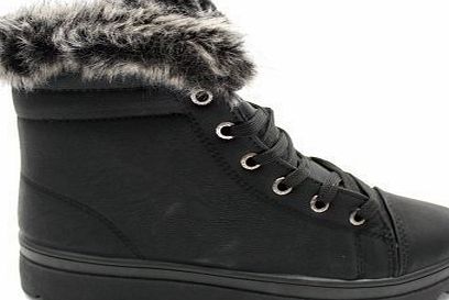 WOMENS LADIES SNOW WINTER FUR LINED ANKLE BOOTS FLAT LOW HEEL GRIP SOLE SIZE (UK 5, Black Faux Leather / Army Walking Shoes)