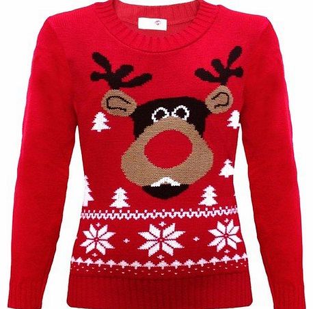 NEW KIDS CHILDREN BOY GIRL KNITTED CHRISTMAS REINDEER RUDOLPH JUMPER RED SANTA TREE AGE 3-13 YEARS (5-6, Red)