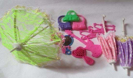 fat-catz-copy-catz Set of 15 Barbie Dolls sized accessories: Umbrella, handbag, brush, mirror, guitar, hangers 