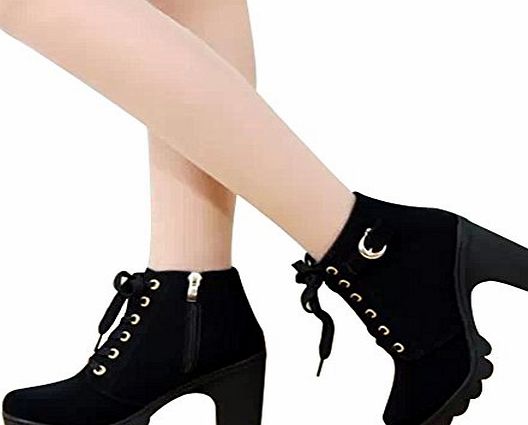 Favoridol Ladies Chunky Block Heel Zipper Lace Up Ankle Boots Shoes Casual (38 EU/5 UK, Black)