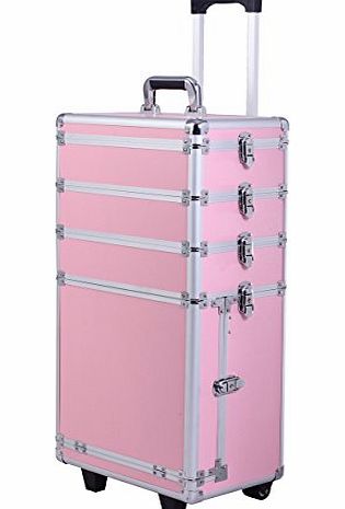 FDS 4 in 1 Hairdressing Makeup Vanity Nail Case Beauty Luggage Cosmetics Box Trolley Make Up (Pink)
