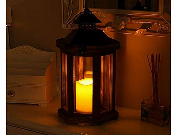 Festive Lights Stylish Brown Wooden Lantern with Battery Powered Candle by Festive Lights