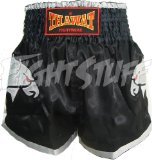FightStuff Thawat Black w. Silver Eagle Muay Thai Boxing Shorts, XL