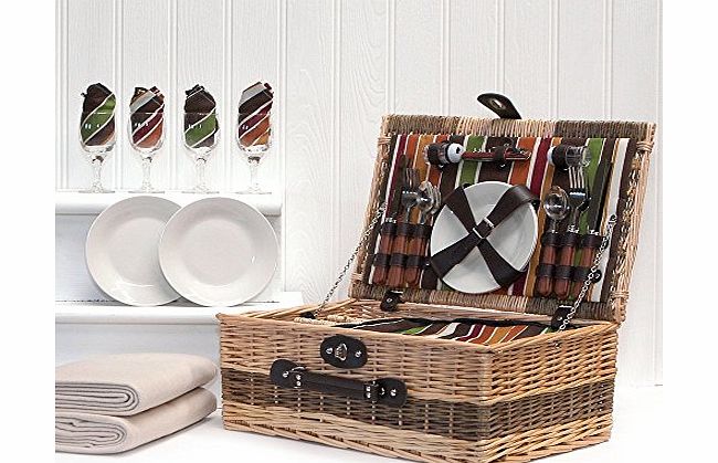 Fine Food Store Buckingham 4 Person Luxury Wicker Picnic Hamper Basket amp; Cream Fleece Picnic Blanket with Built In Chiller Compartment amp; Accessories