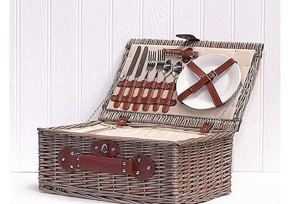 Fine Food Store Cream Lined 2 Person Wicker Picnic Basket Hamper with Built In Chiller Compartment with Accessories