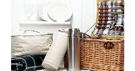 Deluxe Sandringham Family Size 4 Person Wicker Picnic Hamper Basket with Accessories for Four, Chiller Bag, Fleece Picnic Blanket, Wine Glasses, China Plates, Flask, Mugs amp; More - Luxury Wedding A