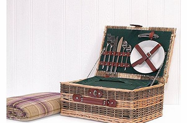 Fine Food Store Green Country Style 2 Person Wicker Picnic Basket Hamper with Removable Chiller Bag - Luxury Birthday Gifts for Men Women Her Him Mum Dad