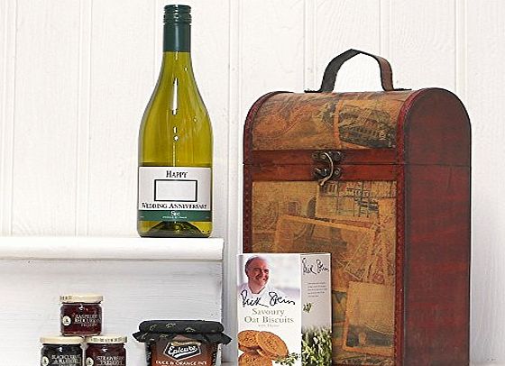 Fine Food Store Happy Wedding Anniversary White Wine Clarendon Vintage Hamper -Premium French White Wine 750ml in Wooden Replica Vintage Style Chest with Gourmet Food