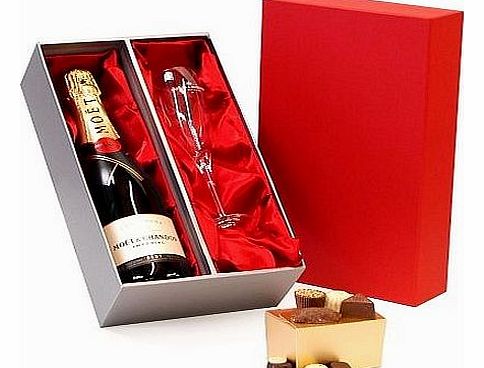 Moet et Chandon Champagne Brut 750ml & Branded Flute with Belgian Chocolates Luxury Red & Silver Gift Box