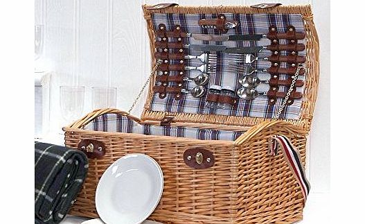 Fine Food Store Stretford 4 Person Wicker Picnic Hamper Basket with Chiller Bag, Purple Tartan Waterproof Fleece Picnic Blanket, Shoulder Strap 