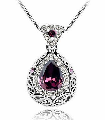 Fine Necklace JA5139 Tear Drop Shiny Gemstone hollow-out Carved Pendant Necklace,Sterling Silver Plated Necklace Guardian of the love Necklace (Grape Purple)
