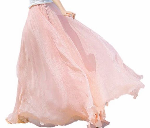 Finejo Womens Chiffon Retro Long Maxi Skirt Vintage Dress Pink
