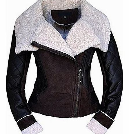 Finejo Womens Faux Fur Leather Winter Coat Turn Down Collar Jacket