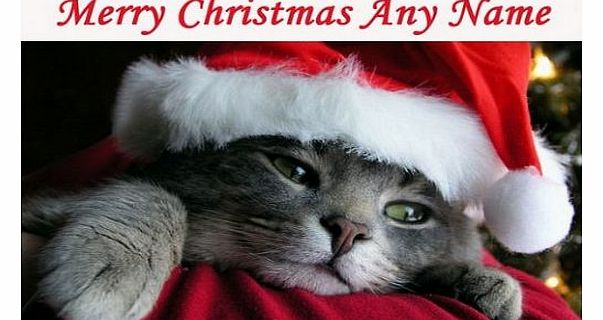 Cute Cat Wearing Xmas Hat Christmas Card - Personalised FREEPOST