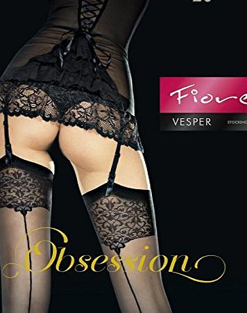 Fiore `` Vesper`` Exclusive Stockings by Fiore with Back Seam Pattern ,Designer Patterned 20 Den (4 - Large, Black)